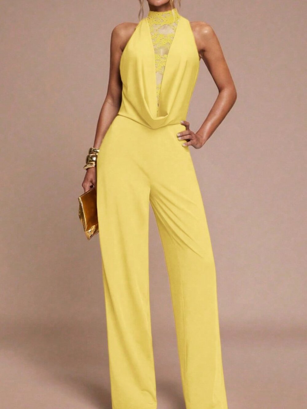 Yellow Elegant Women's Contrast Lace Halter Jumpsuit - Picture 5 of 6